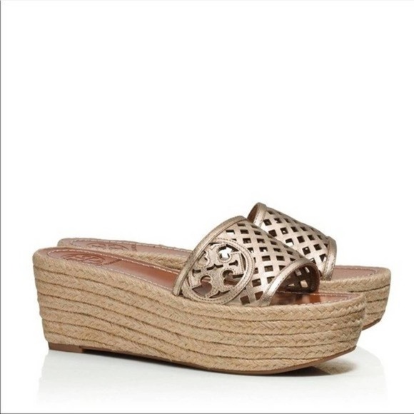 Tory Burch Shoes - Tory Burch gold perforated leather wedge slide